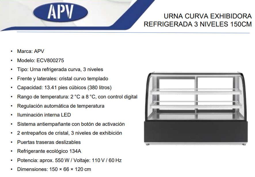 Urna Curva Refrigerada 3 Niveles 150 cm APV ECV800275 - Image 4